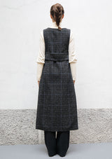Split wool check long gilet
